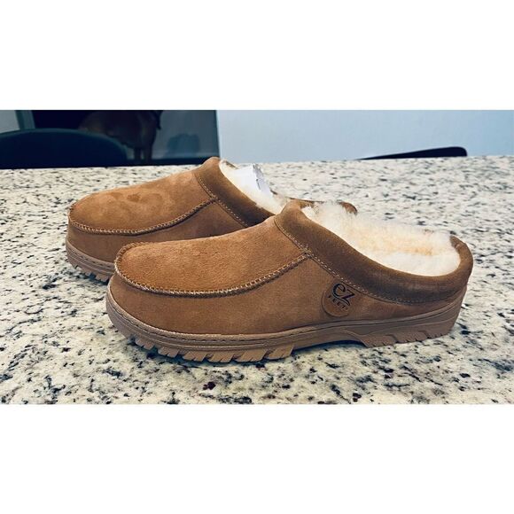 EZ Feet Men’s Genuine Sheepskin Lined Suede Hardsole Clog Slipper House Shoe